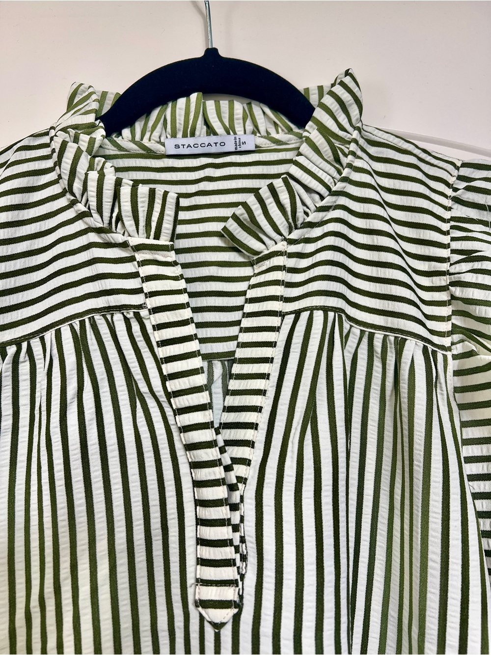 Staccato Olive Green & White Striped Ruffle-Neck Dress